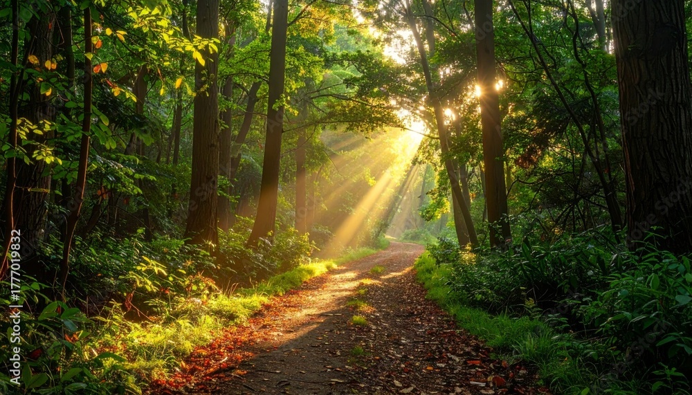 Fototapeta premium Sunlight Filtering Through Trees in a Lush Forest.