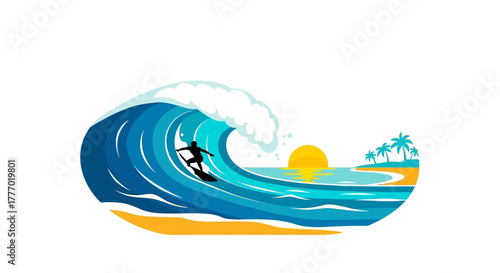 A surfer rides a wave near a beach with palm trees at sunset