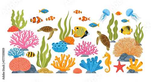 A vibrant coral reef scene with colorful fish sea turtles jellyfish and various coral formations