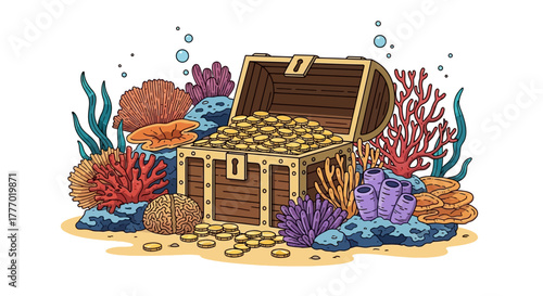 An open treasure chest filled with gold coins amidst colorful coral and sea plants on a sandy seabed