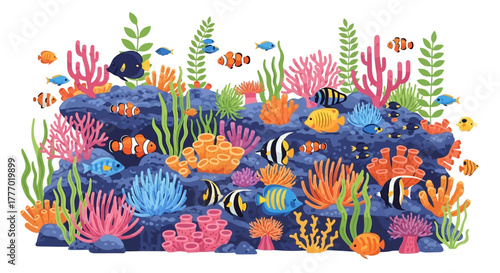 A vibrant coral reef teeming with colorful fish and diverse aquatic plants