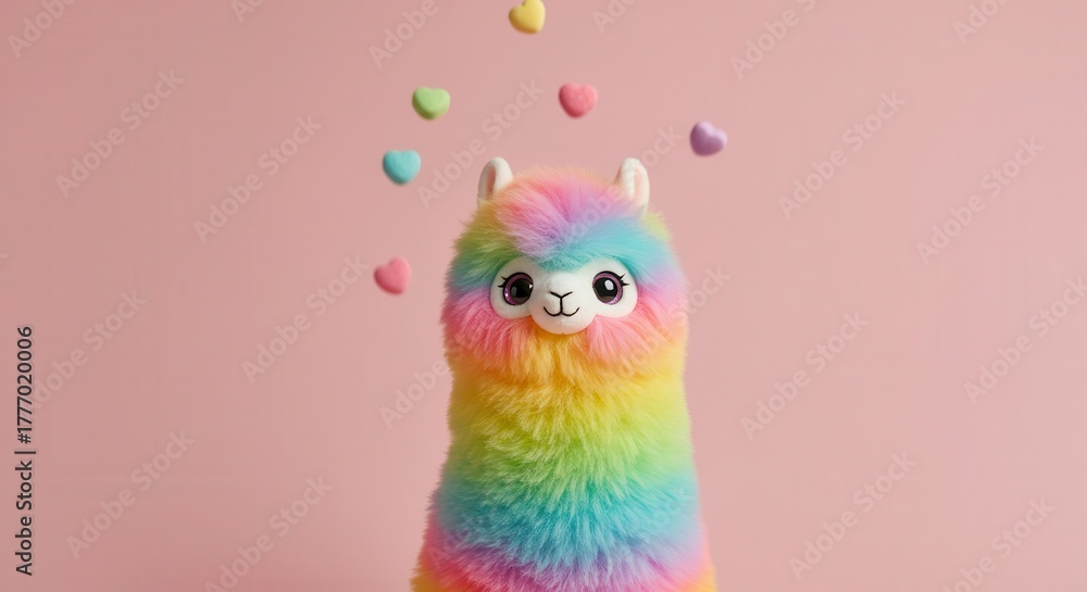 Naklejka premium Fluffy rainbow colored plush animal stands against a soft pink background with falling heart shapes