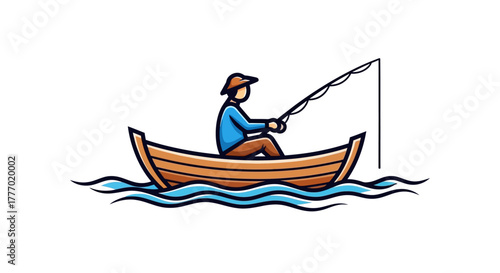 Cartoon of a man fishing from a boat on water Hes wearing a hat and holding a fishing pole