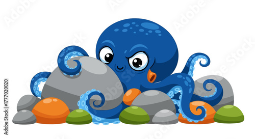 Cartoon octopus nestled among stones with a playful slightly grumpy expression