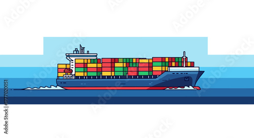 Container ship colorful boxes stacked on a blue cargo vessel at sea