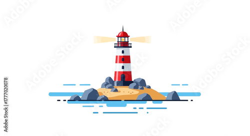 Lighthouse on a rocky islet red and white stripes beacon light surrounded by water