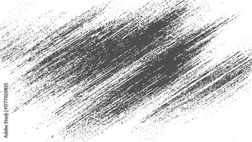 Dark gray diagonal brush strokes and speckles on white background abstract black