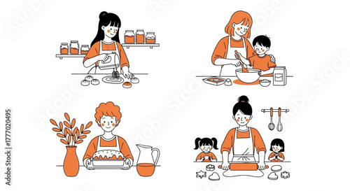 Family Fun Illustrations of Parents and Children Baking Together