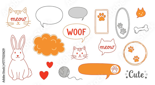 Charming collection of hand-drawn pet-themed illustrations, showcasing adorable cats, playful dogs, and cute bunnies with speech bubbles, perfect for delightful graphic designs