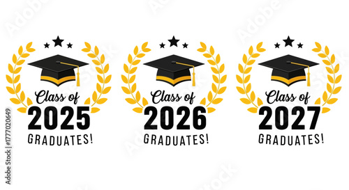 Graduation Year Badges Class of 2025, 2026, and 2027 with Laurel Wreaths and Mortarboards
