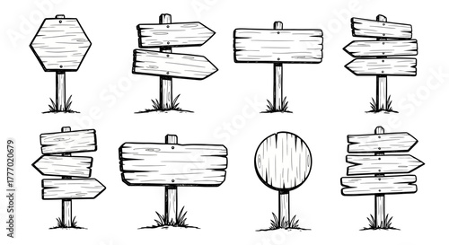 Versatile collection of hand-drawn rustic wooden signposts and direction signs, featuring multiple blank planks in various shapes for custom messaging, perfect for guiding choices or indicating paths