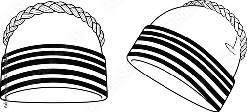 CAD Drawing Flat Vector Illustration of Beanies with Braided Rope Top and Bold Horizontal Stripe Cuffs for Winter Fashion Design