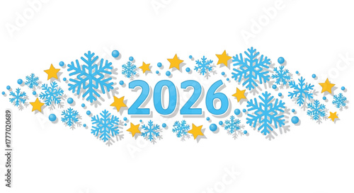 Celebrate the arrival of 2026 with this festive 'Happy New Year' graphic featuring ornate flourishes and starbursts