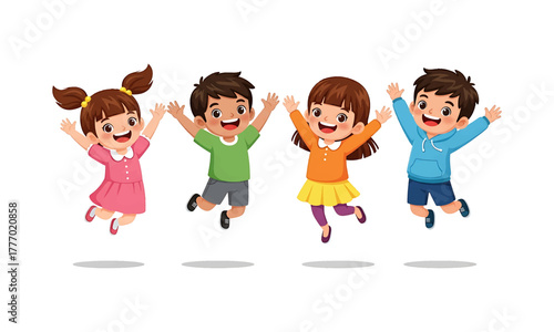 Four happy cartoon children are jumping in the air with their arms raised, smiling and having fun.