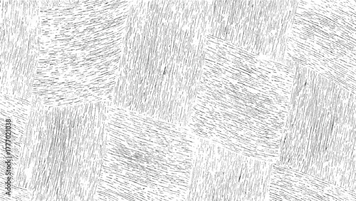 Abstract black and white textured background with irregular geometric shapes and parallel lines pattern