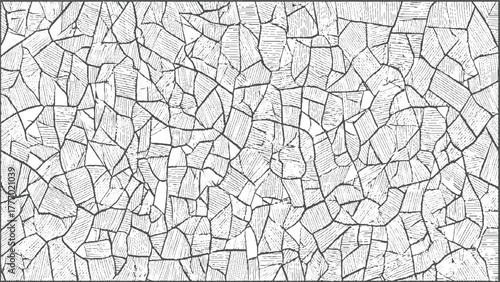 Black and white abstract pattern of irregular geometric shapes with hatching background