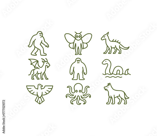 Legendary Cryptids and Mythical Creatures Icon Set Exploring Folklore Mysteries