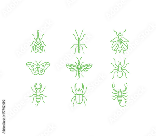 Vibrant green outline icons showcasing a diverse collection of insects and arachnids