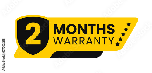 Modern 2 months warranty badge vector design in yellow and black with shield. Guarantee label icon logo for product packaging, advertisement, and marketing use