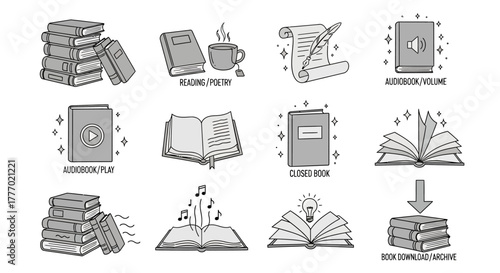 Collection of illustrations representing the act of reading, learning, and consuming audiobooks