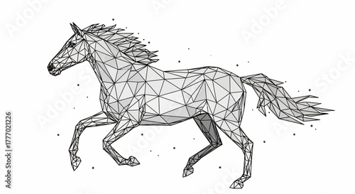Dynamic geometric horse illustration featuring a majestic stallion in full gallop, crafted from intricate interconnected triangular facets, embodying modern design and raw animal power in a sleek, 