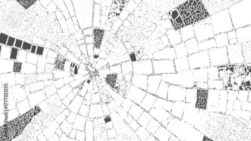 Tableau sur toile Radial pattern of cracked stone mosaic tiles in black and white vector