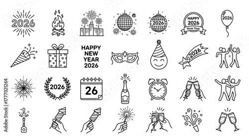 A vibrant collection of festive line icons celebrating Happy New Year 2026, featuring party elements, fireworks, champagne, and joyful moments for seasonal designs