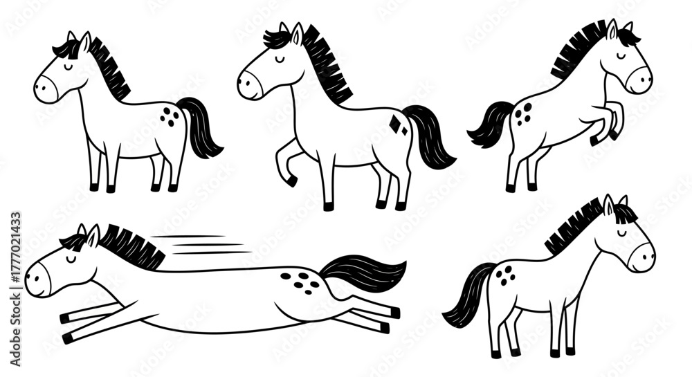 Obraz premium Collection of playful cartoon horse illustrations depicting various poses and movements, perfect for children's books and animal-themed designs