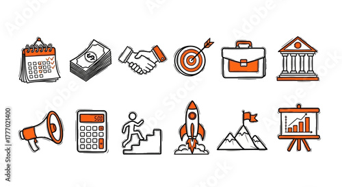 Collection of business and finance icons, illustrating concepts like success, investment, and strategy