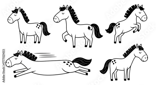 Collection of playful cartoon horse illustrations depicting various poses and movements, perfect for children's books and animal-themed designs