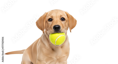 Adorable Labrador puppy holding a bright yellow tennis ball in its mouth isolated on transparent background