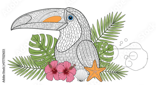 Detailed tropical toucan illustration featuring a partially colored bird with intricate patterns, green foliage, pink hibiscus, and beach motifs.