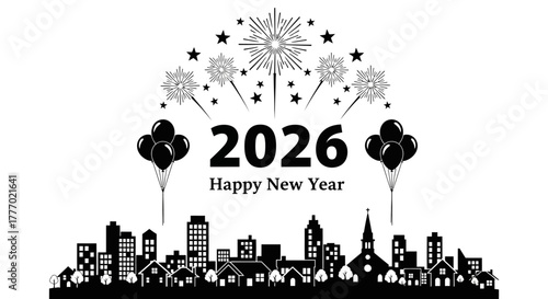 Stylized black and white illustration of a city skyline celebrating the New Year 2026 with festive fireworks and balloons, symbolizing urban festivity and new beginnings