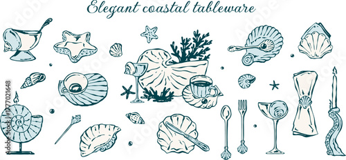 Hand drawn doodle set of coastal tableware and decor in soft pastels: shell shaped plate, glass, cutlery, coral elements, napkin holder, tentacle candlestick, starfish plate