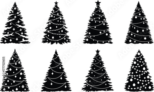 Christmas tree silhouettes, black and white, festive decoration, holiday season, ornamented trees, star topper, garlands, winter celebration, vector design, Christmas clipart, seasonal artwork,