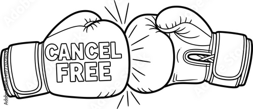 CAD Drawing Flat Vector Illustration of Boxing Gloves Fist Bump with “Cancel Free” Message and Radiating Impact Lines for Concept Art