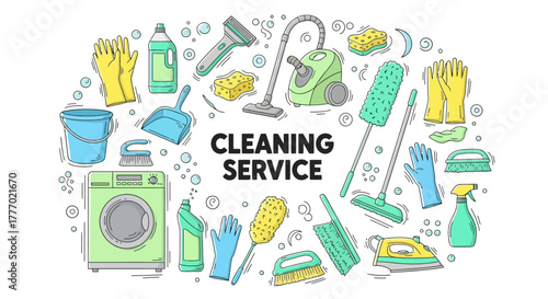 Cleaning Service Cartoon Tools and Equipment for Home Cleaning