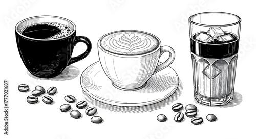 Detailed black and white illustration of various coffee drinks including hot black coffee, a latte with art, and iced coffee, accompanied by scattered coffee beans.