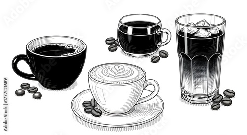 Four cups of coffee with coffee beans illustration in black and white.