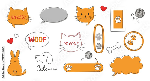 Hand-drawn collection of cute pet illustrations with dialogue bubbles for cats and dogs, isolated on a white background