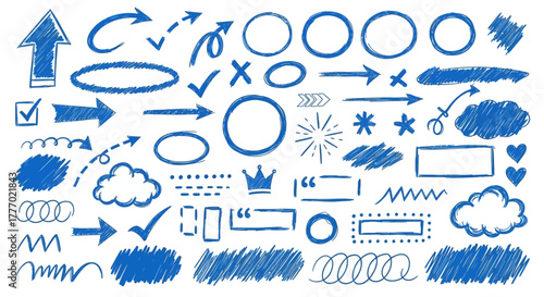 A comprehensive set of blue hand-drawn doodle elements including arrows, circles, checkmarks, and abstract shapes. Vector scribble graphics for creative design and presentations
