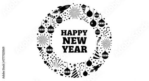 Happy New Year 2026 greeting card with a festive circular wreath of celebration icons. Vector illustration with fireworks and ornaments