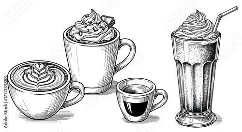 Artistic black and white sketch depicting a variety of coffee drinks and beverages in different cups and glasses.