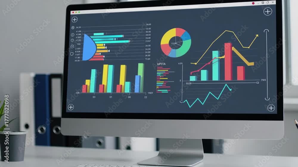 Modern digital workspace featuring colorful data analytics dashboard ...