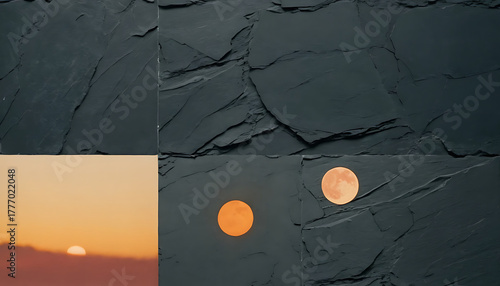 Diptych moons over warm rocky landscape — orange, beige, black tones, ultra‑clean abstract background with generous copy space, smooth modern gradient and elegant minimal style for web, print and br