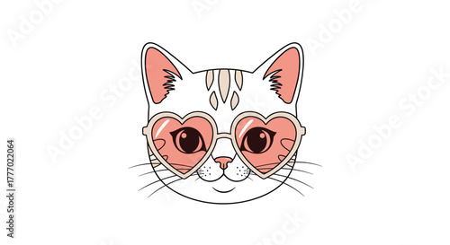 A cute cartoon white cat wearing fashionable pink heart-shaped sunglasses and light brown forehead stripes smiles brightly on a white background.