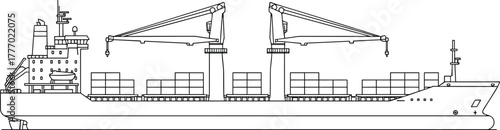 CAD Drawing Flat Vector Illustration of Container Cargo Ship with Cranes, Stacked Shipping Containers, and Streamlined Hull for Global Trade