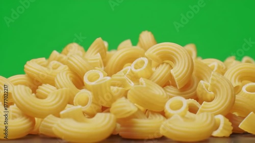 Heap of uncooked elbow pasta on table with green chroma key background for culinary usage