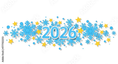 Festive 2026 New Year celebration graphic featuring blue snowflakes and golden stars, symbolizing winter holidays, joy, and the exciting start of the upcoming year