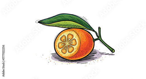A vibrant, hand-drawn illustration of a kumquat fruit, cut open to show its pulp and seeds, accompanied by a green leaf and stem.